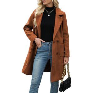 Women Brown Winter Wool Blend Camel Mid-Long Coat Notch Double-Breasted Jacket